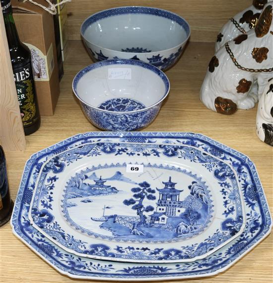 Two blue and white Chinese export platters and two bowls all a.f.